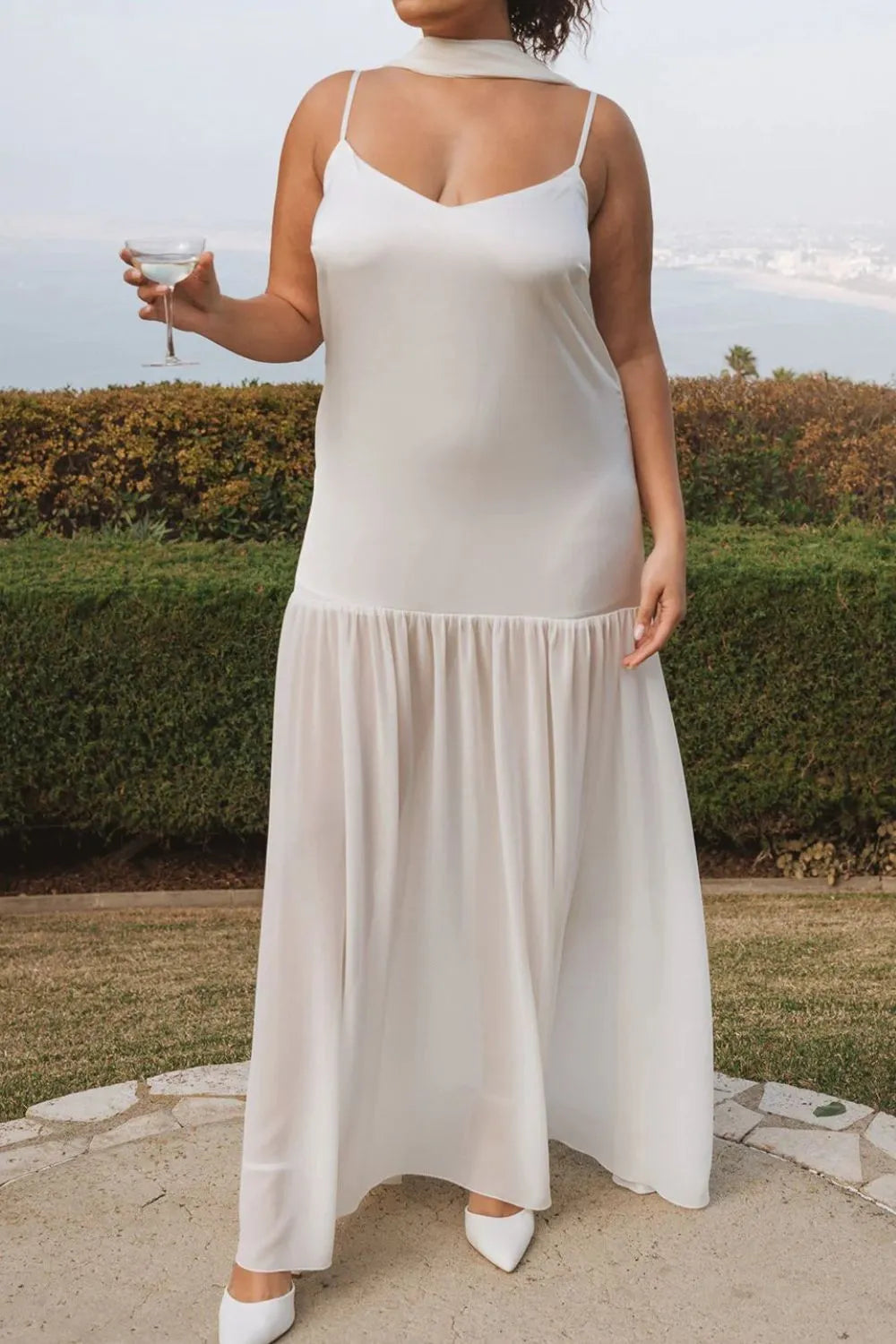 Adjustable strap maxi cami dress with matching scarf, front view