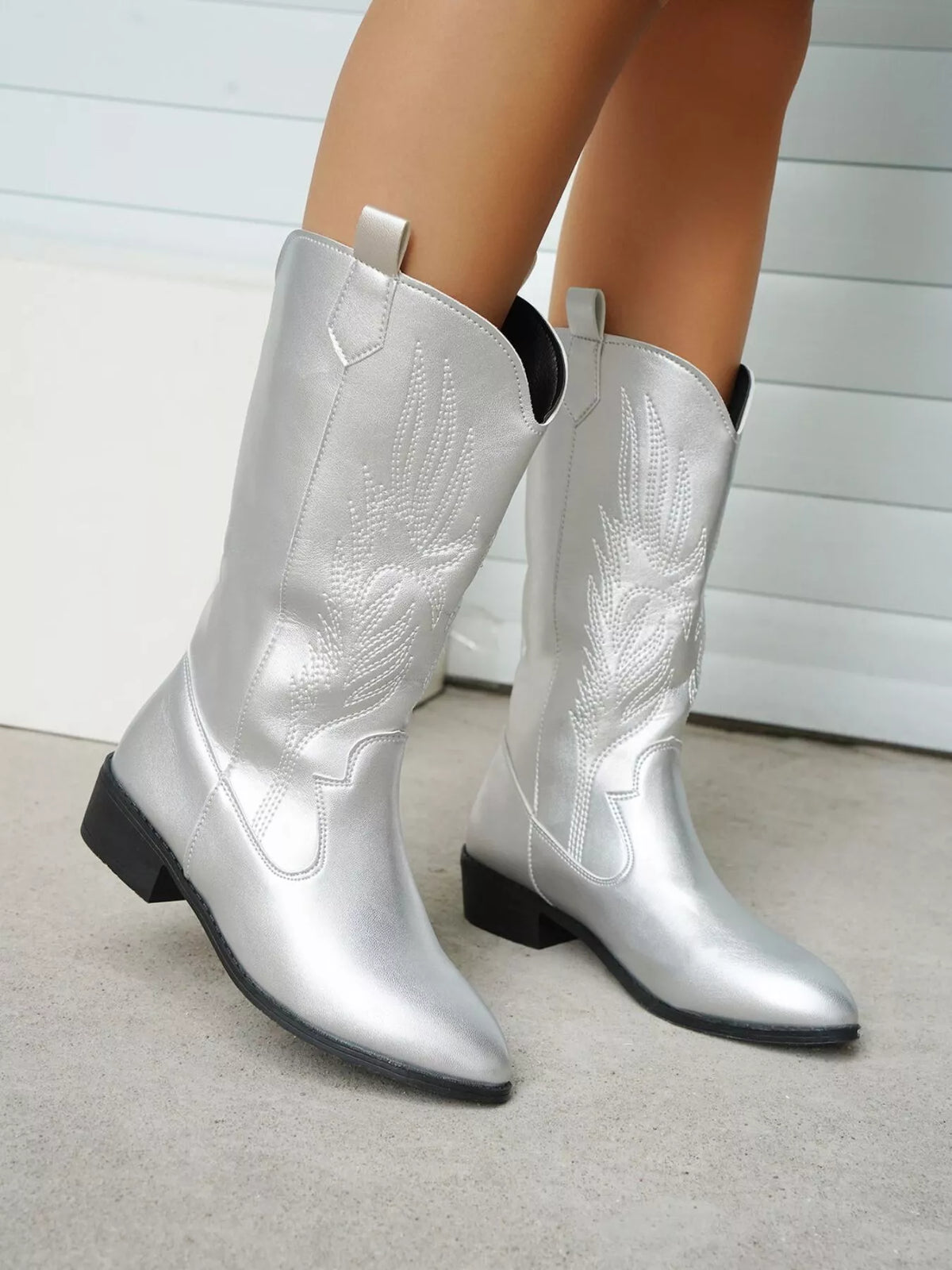 embroidered block heel boots full outfit view