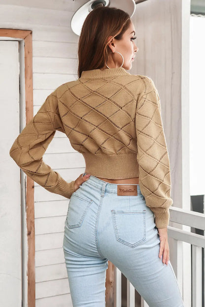 Openwork Plaid Round Neck Cropped Sweater - Fashorio