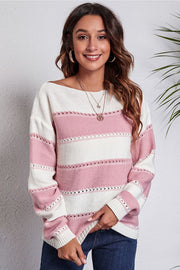 Striped Boat Neck Dropped Shoulder Sweater Blush Pink - Fashorio