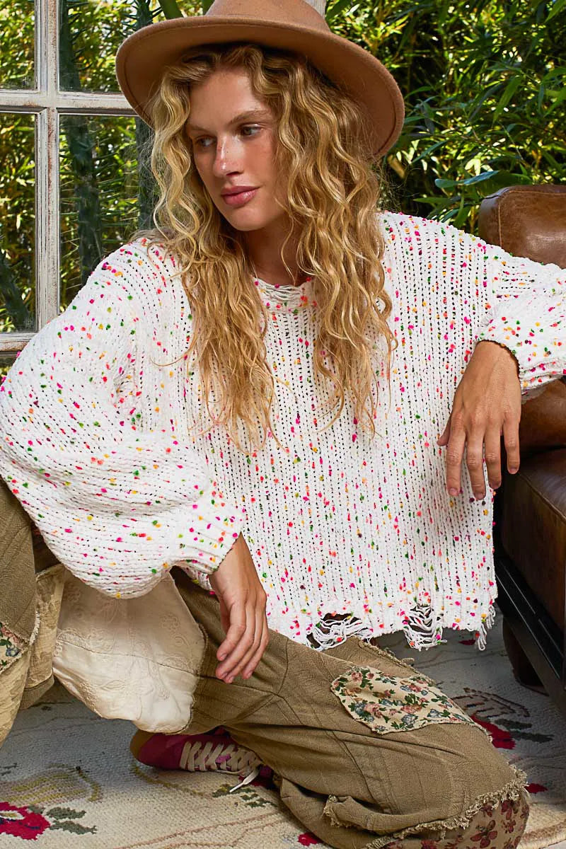 POL Round Neck Fringed Hem Sweater - Fashorio