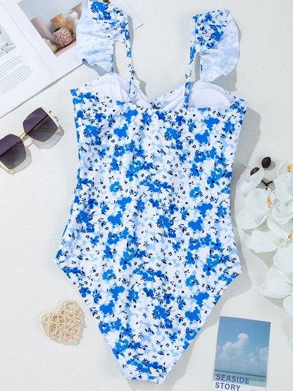Floral Ruffled Strap Lace-up Hollow Out One Piece Swimsuit - Fashorio