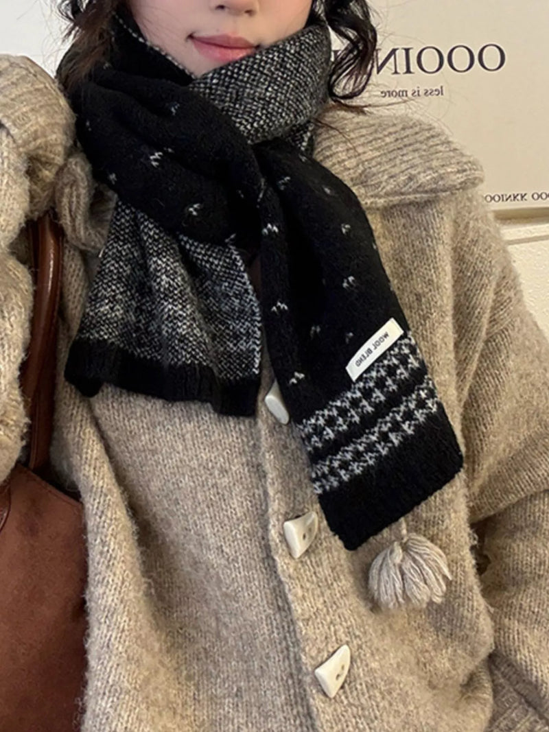 Winter warm knitted scarf shown draped around the neck