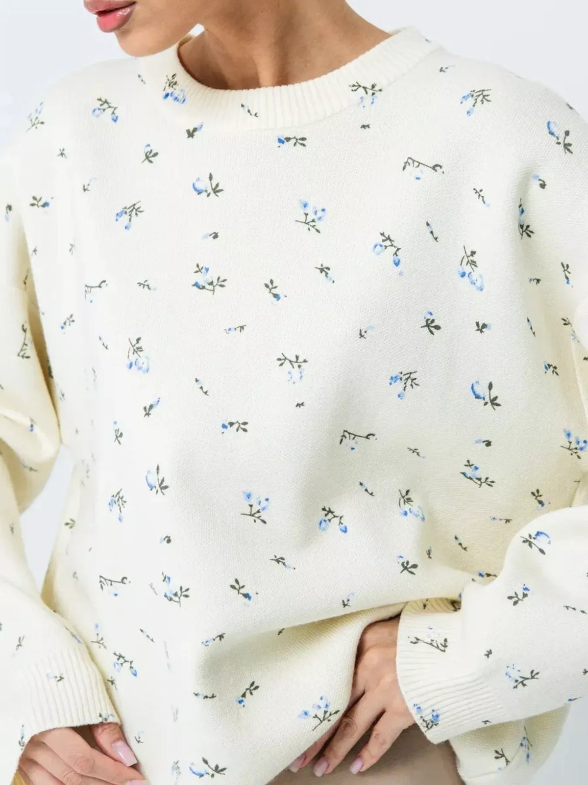 ribbed hem floral long sleeve sweater styled full outfit