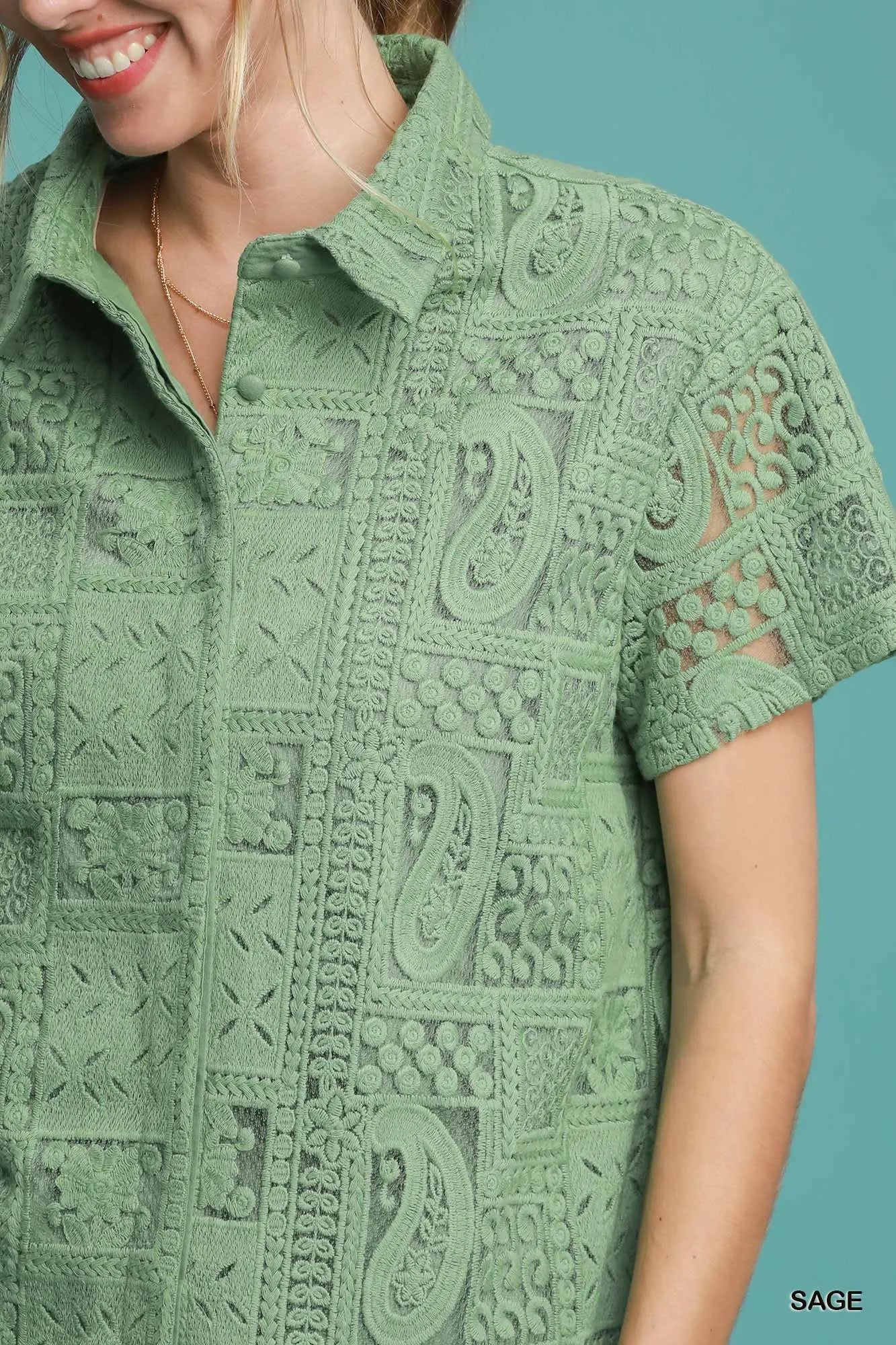 Umgee Patch Lace Short Sleeve Button Down Shirt - Fashorio