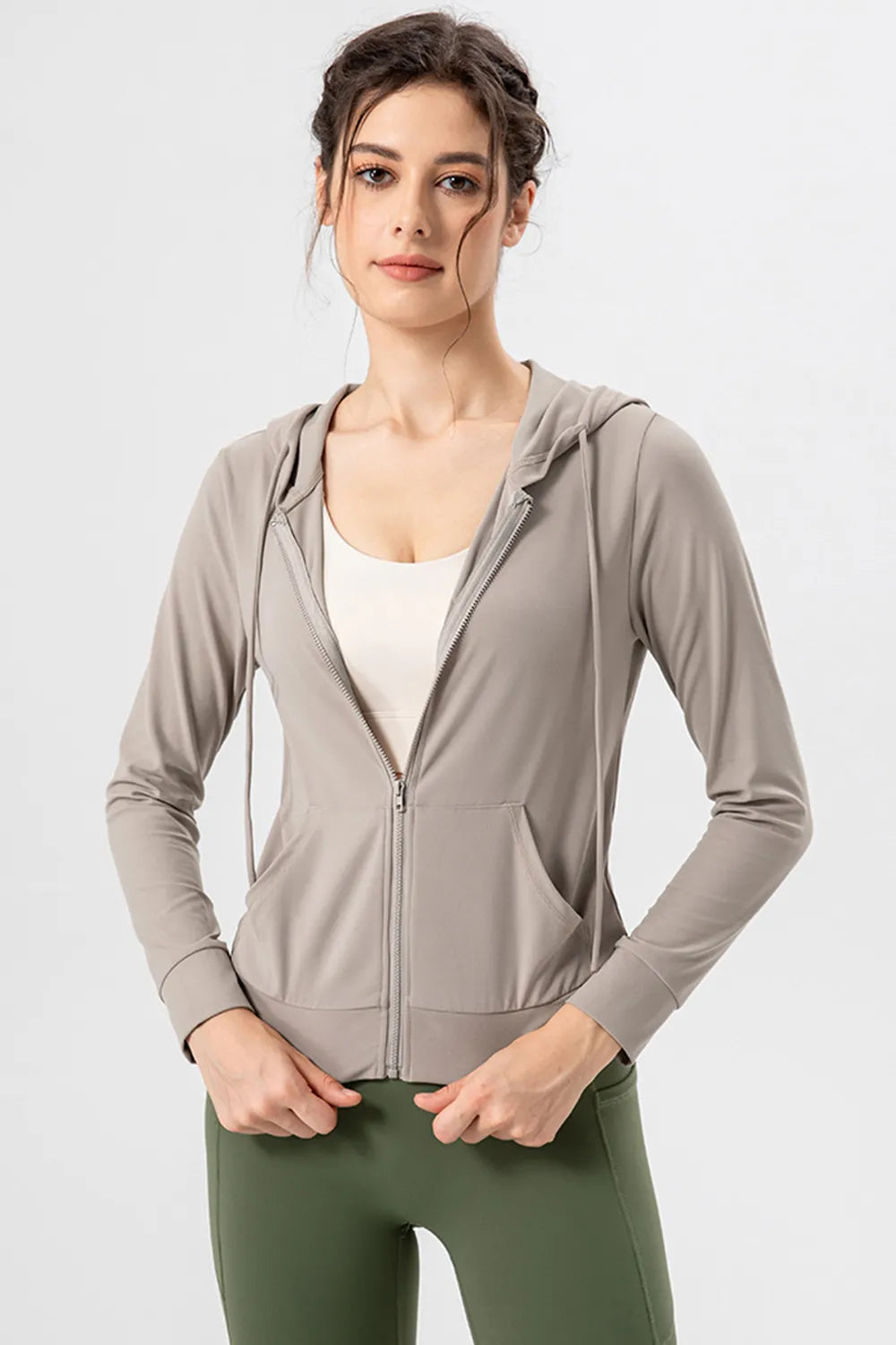 Close up of front zip on active jacket