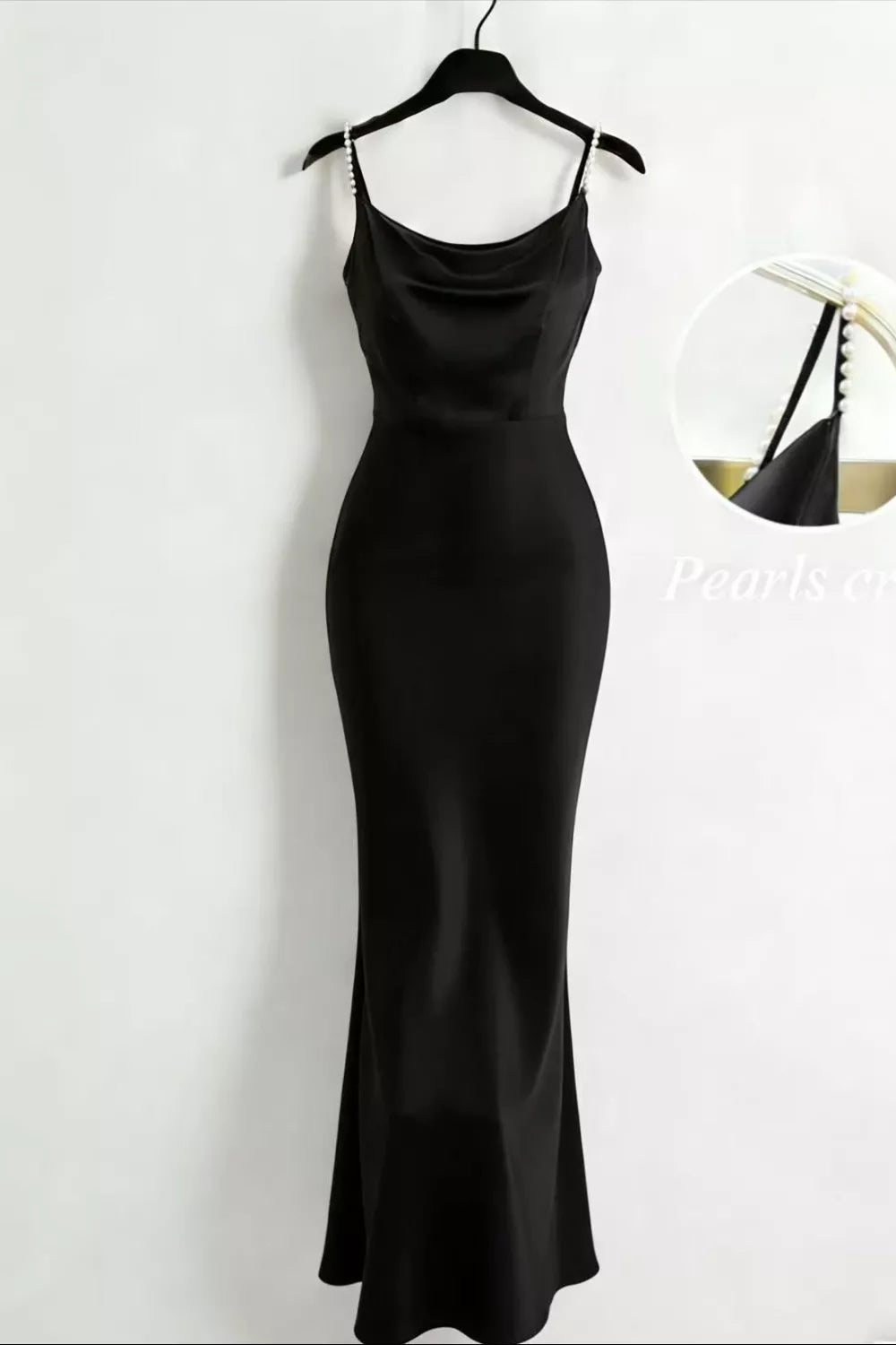 Burgundy satin cowl neck maxi dress with pearl straps front view