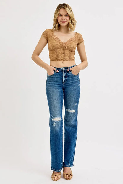 RISEN Full Size Tummy Control High Rise Straight Distressed Jeans Plus Size - Fashorio