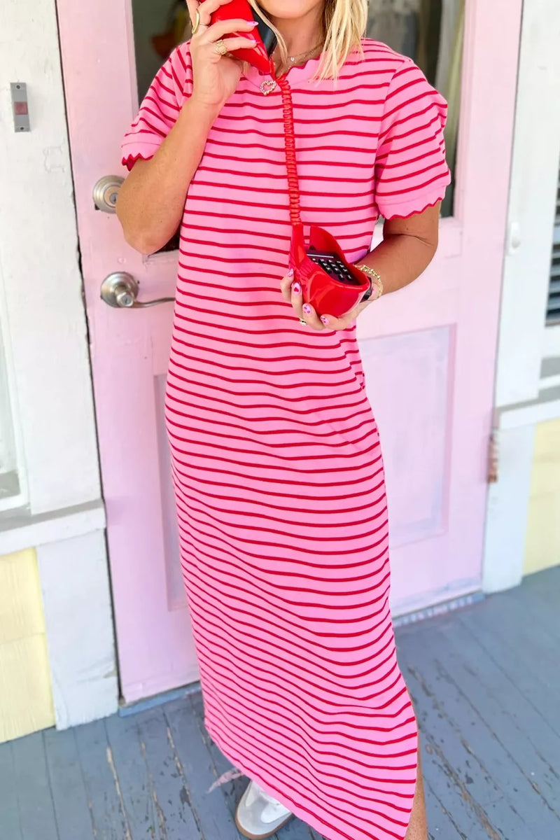 Fuchsia pink striped scalloped trim side slit maxi tee dress front view