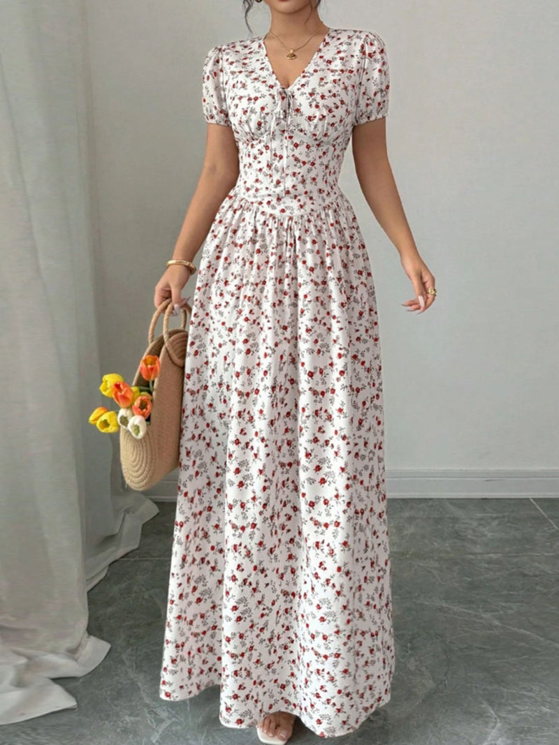 pink pink floral V neck smocked maxi dress front view