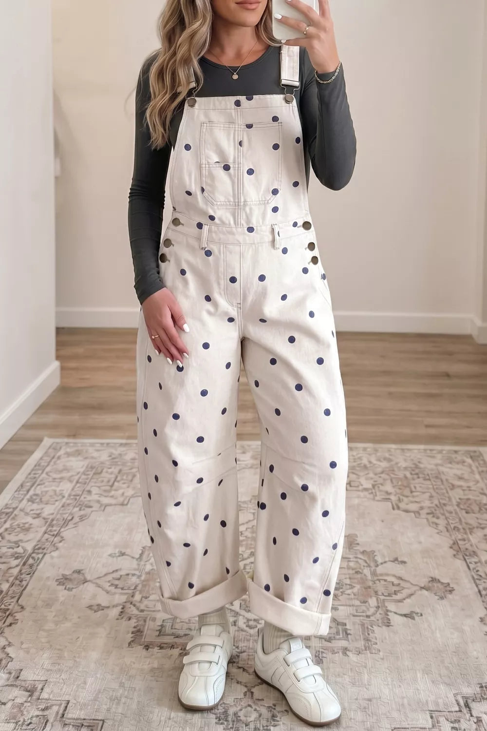 Polka dot denim jumpsuit front view