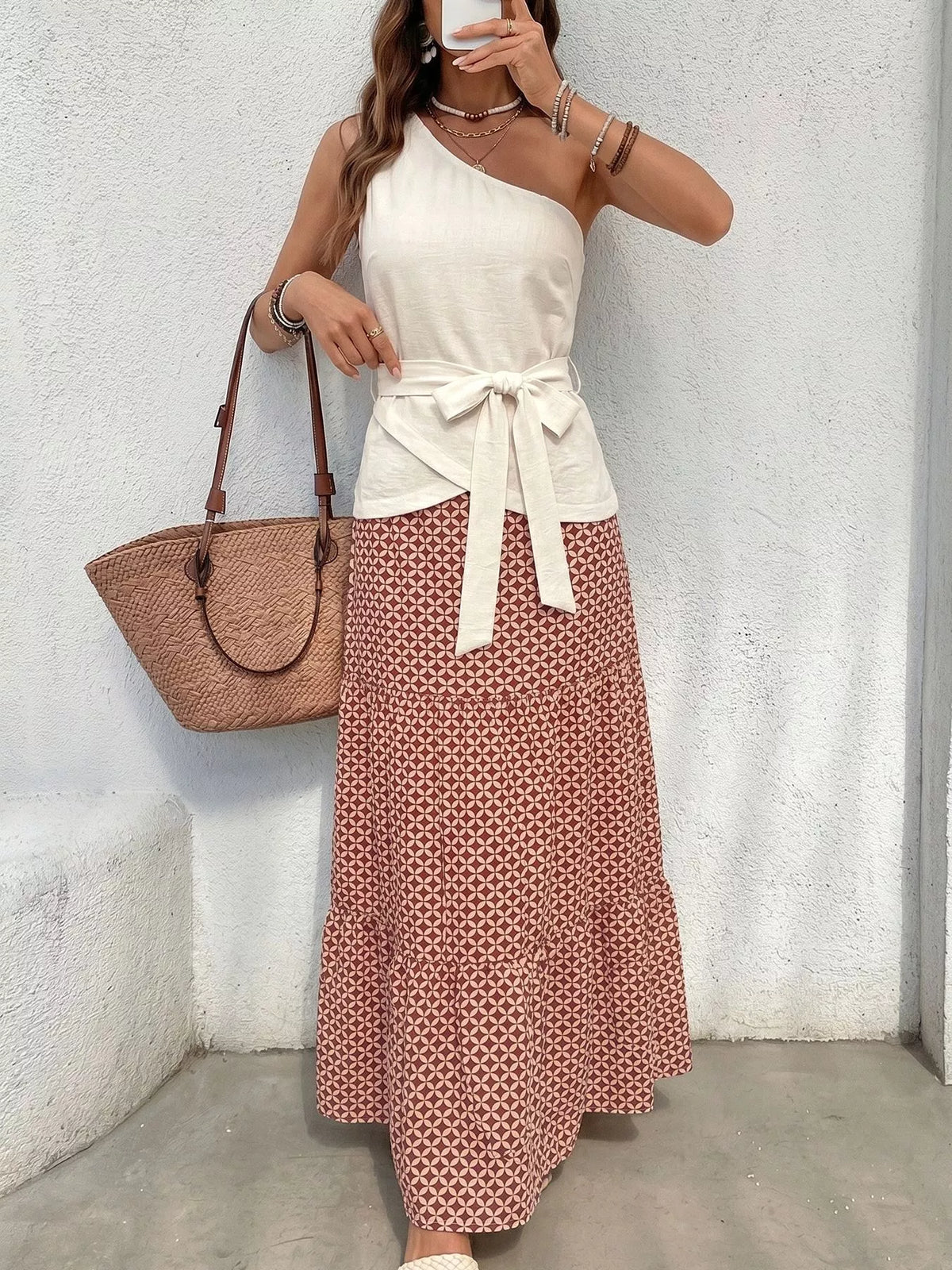Cream geometric print maxi skirt set back view