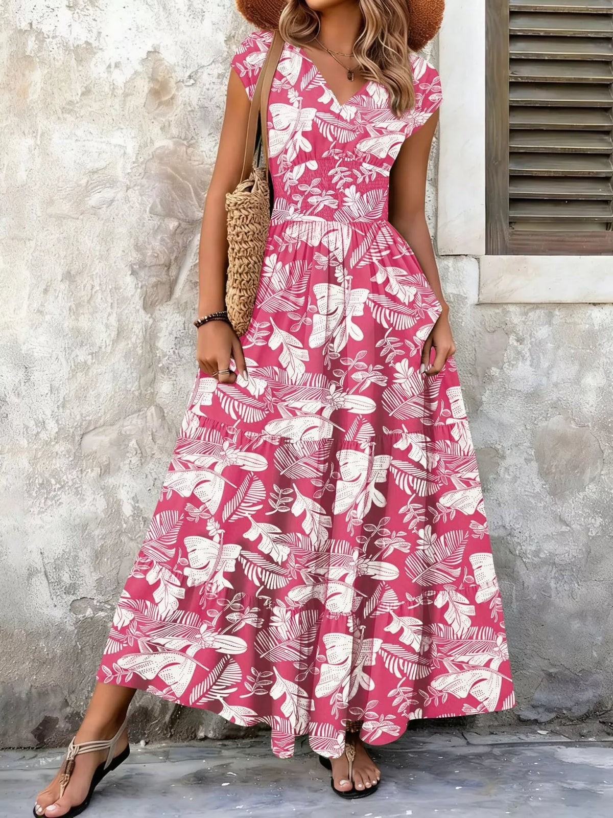 Printed V-Neck Tiered Maxi Dress Plus Size, view 13