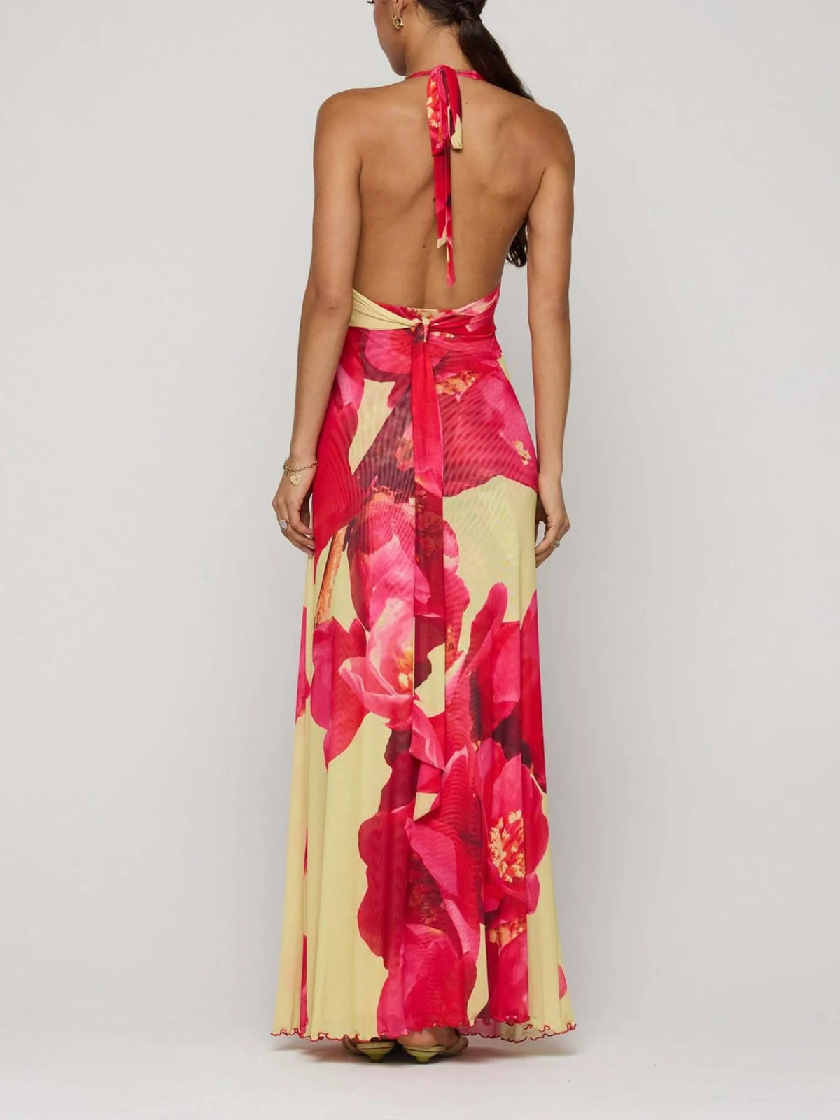 floral halter deep v maxi dress back view