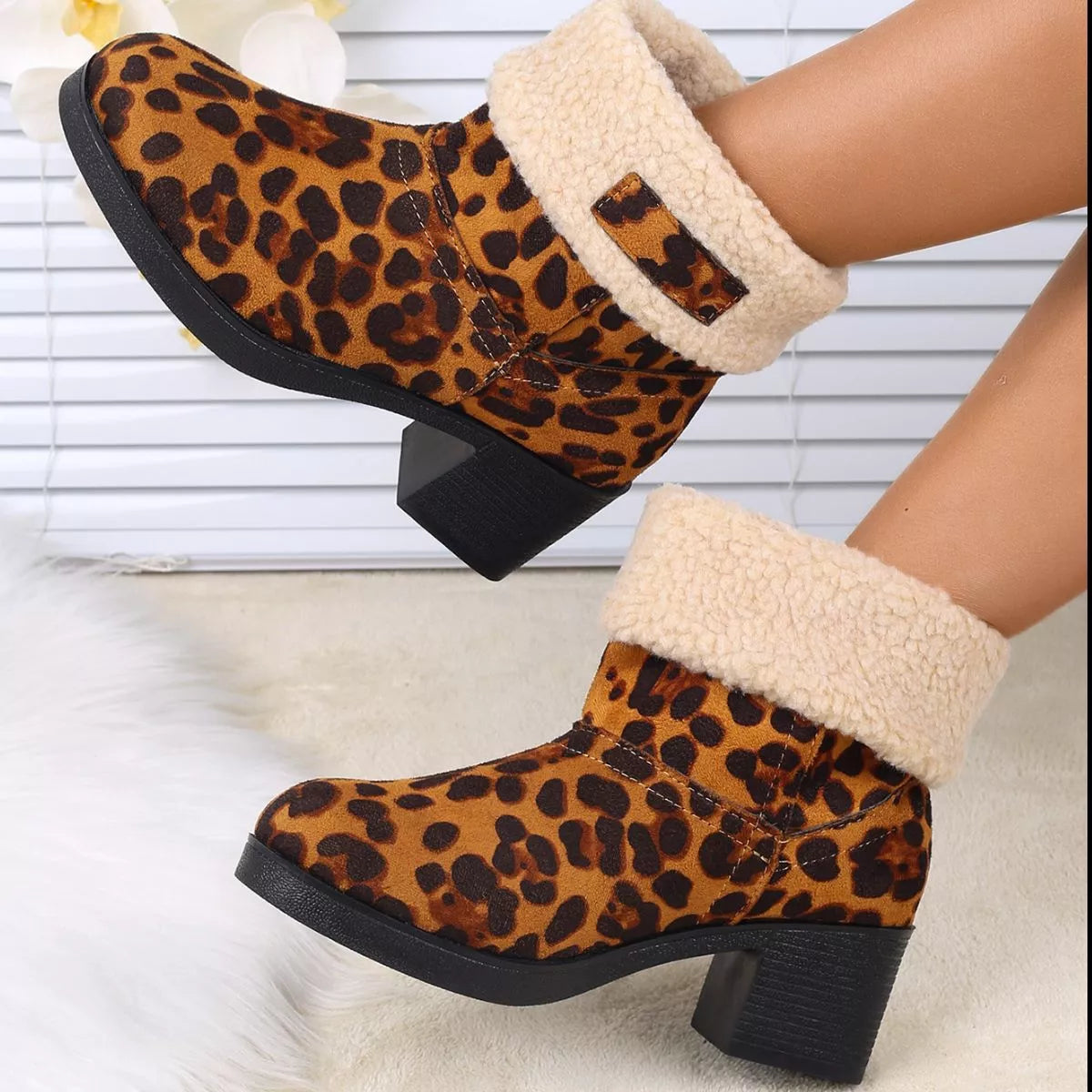 Plush Cuff Block Heel Boots lifestyle view