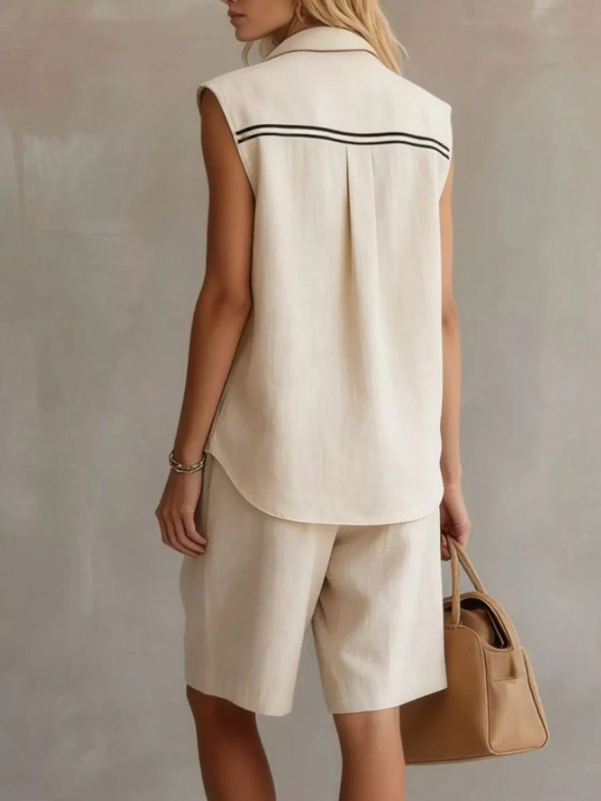 Button up sleeveless top and shorts two piece detail