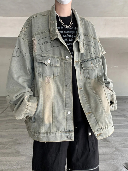 Men's Plus Size Distressed Button Up Denim Jacket - Fashorio