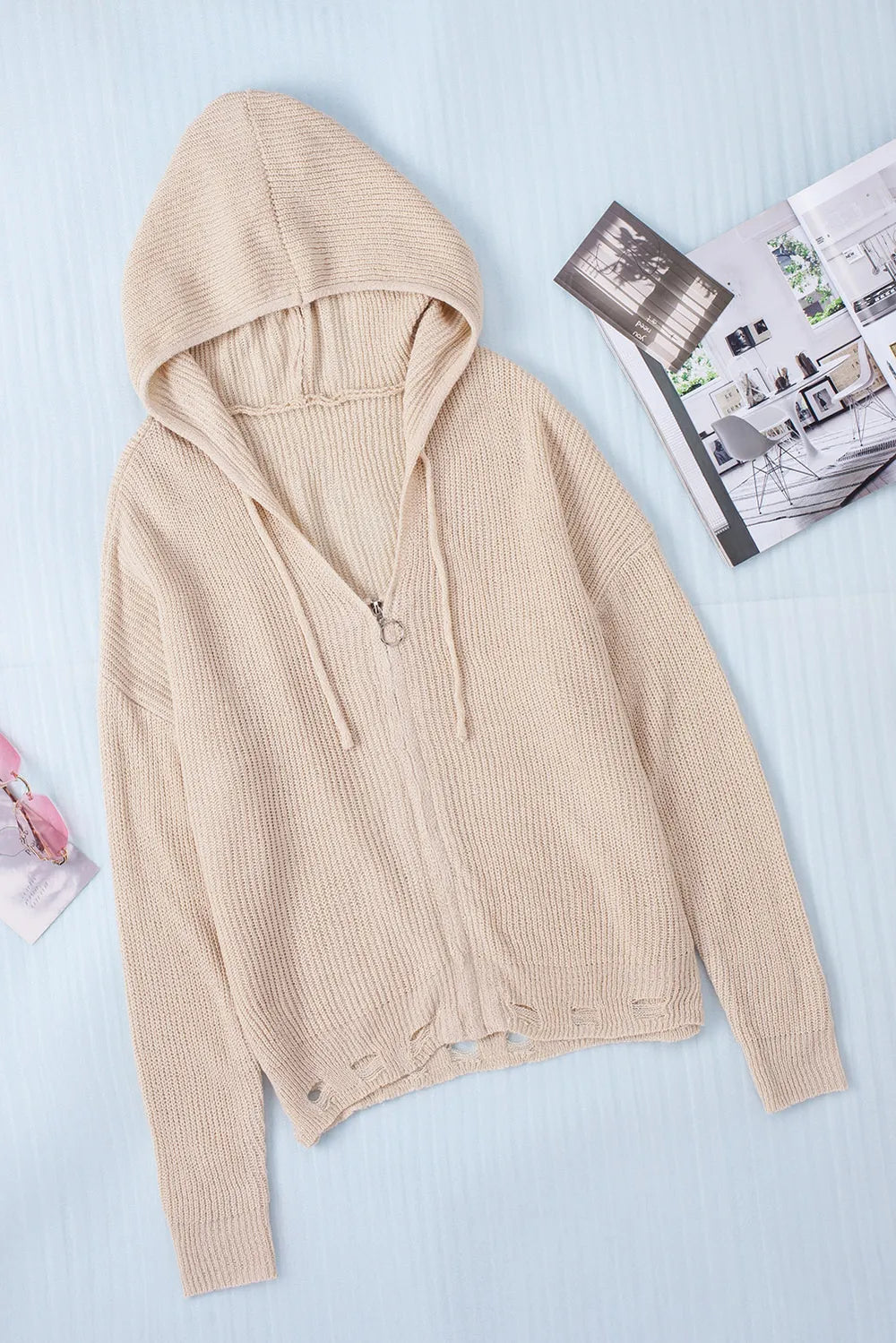 Distressed Zip Up Drawstring Hooded Cardigan - Fashorio