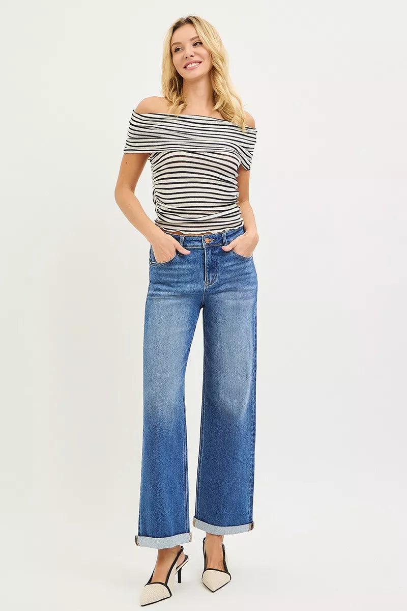 RISEN womens medium wash straight jeans styled outfit