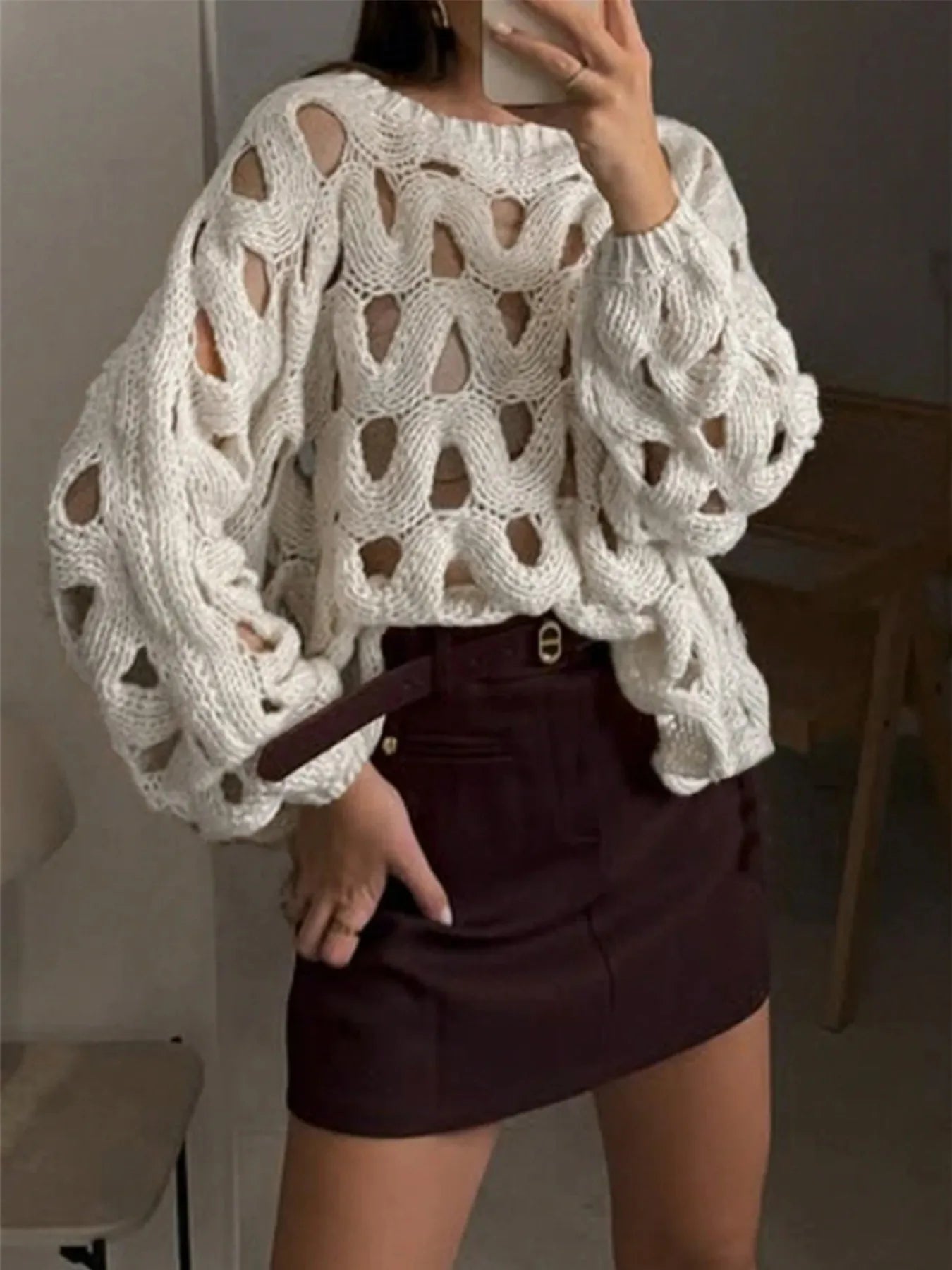 Chunky Cable Knit Hollow Out Sweater - Fashorio