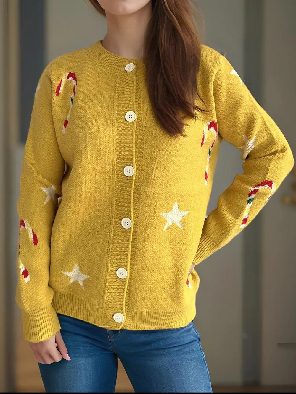 Candy Cane & Star Button Down Long Sleeve Cardigan - Fashorio