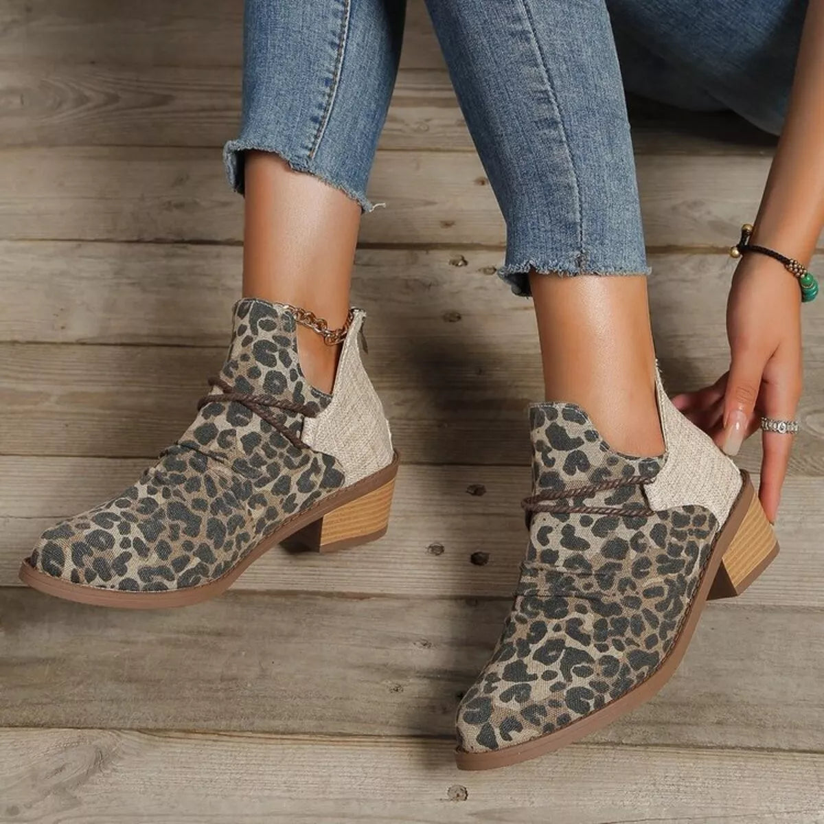 denim block heel ankle boots laces detail