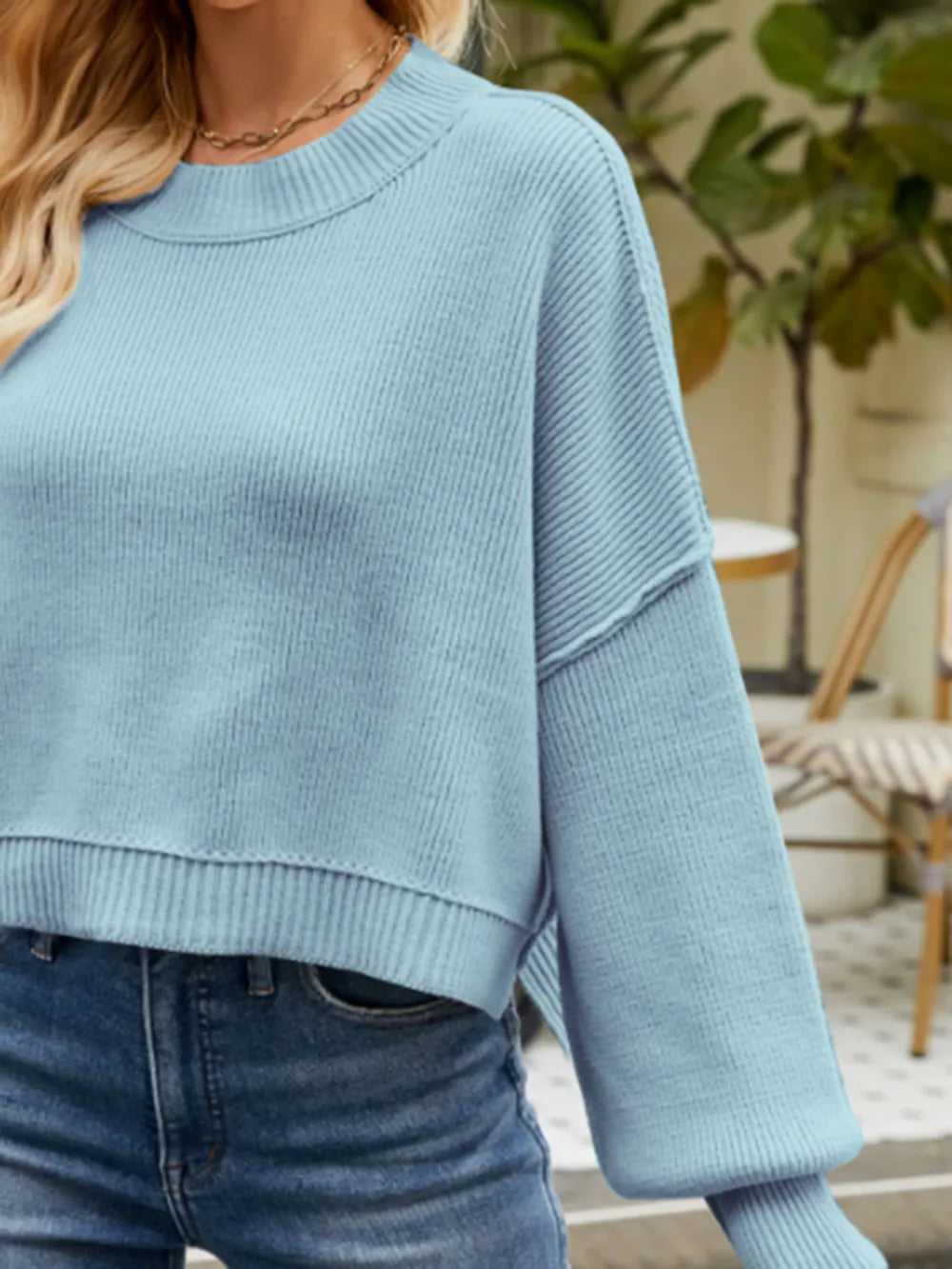 Round Neck Lantern Sleeve Sweater - Fashorio