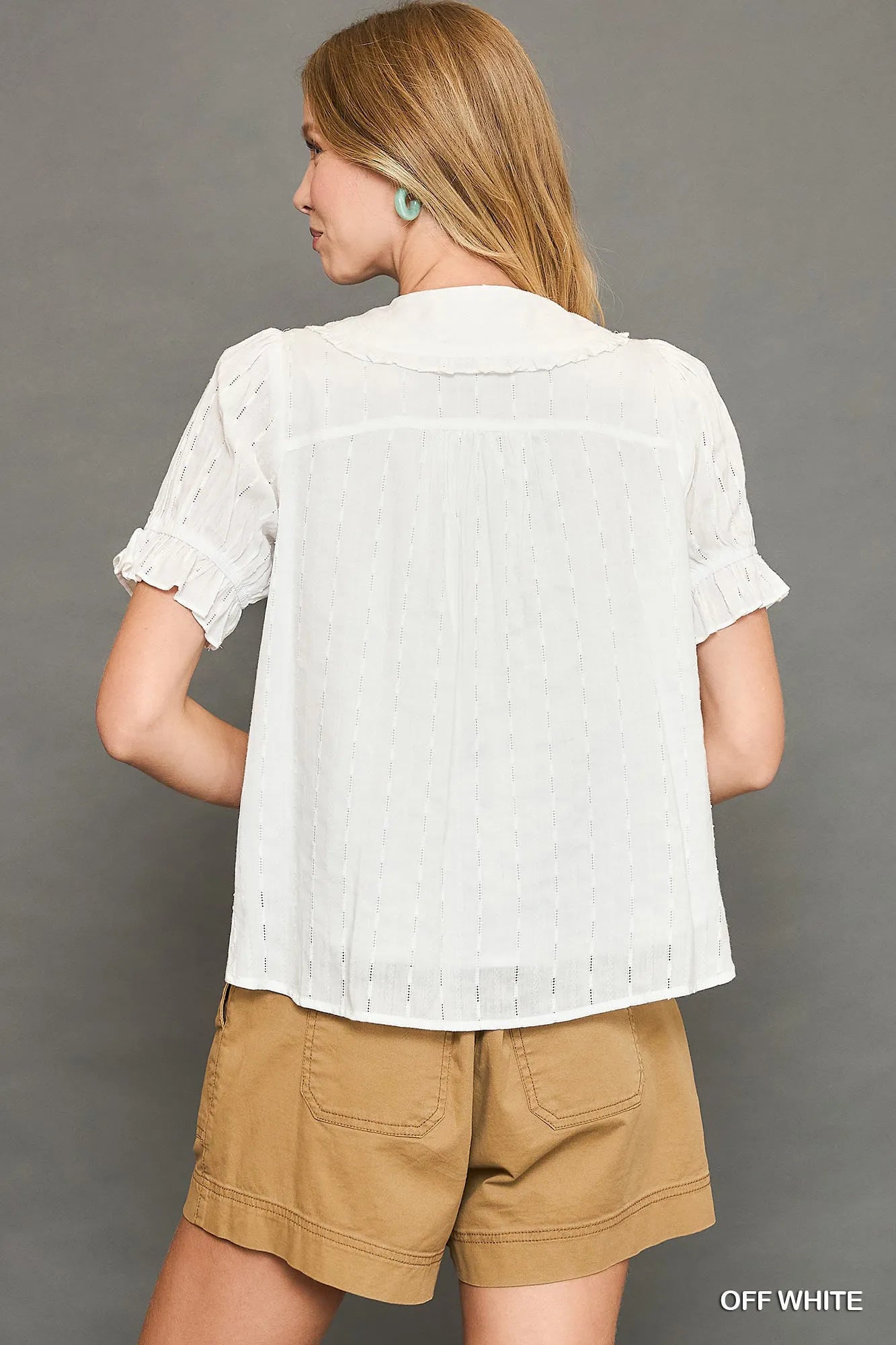 Umgee Peter Pan Collared Button Down Textured Shirt with Ruffled Deatil - Fashorio