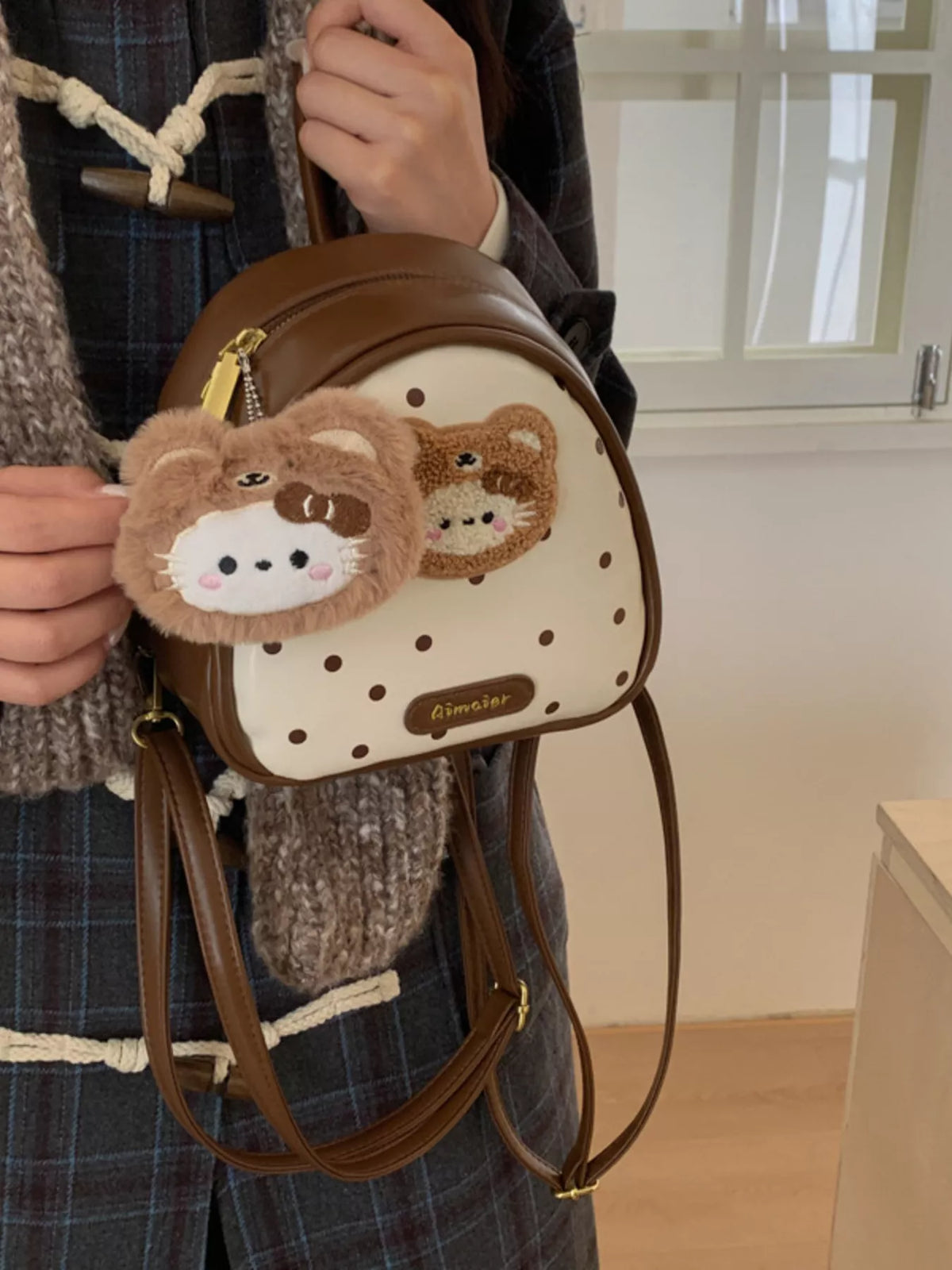 Brown cartoon bear mini backpack interior compartment