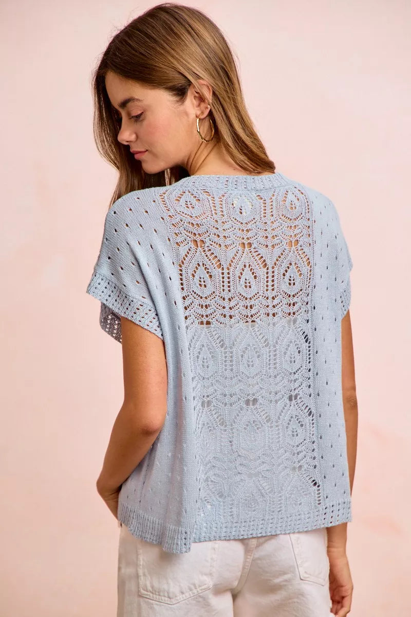 Washed Eyelet Short Sleeve Knit Top, view 5