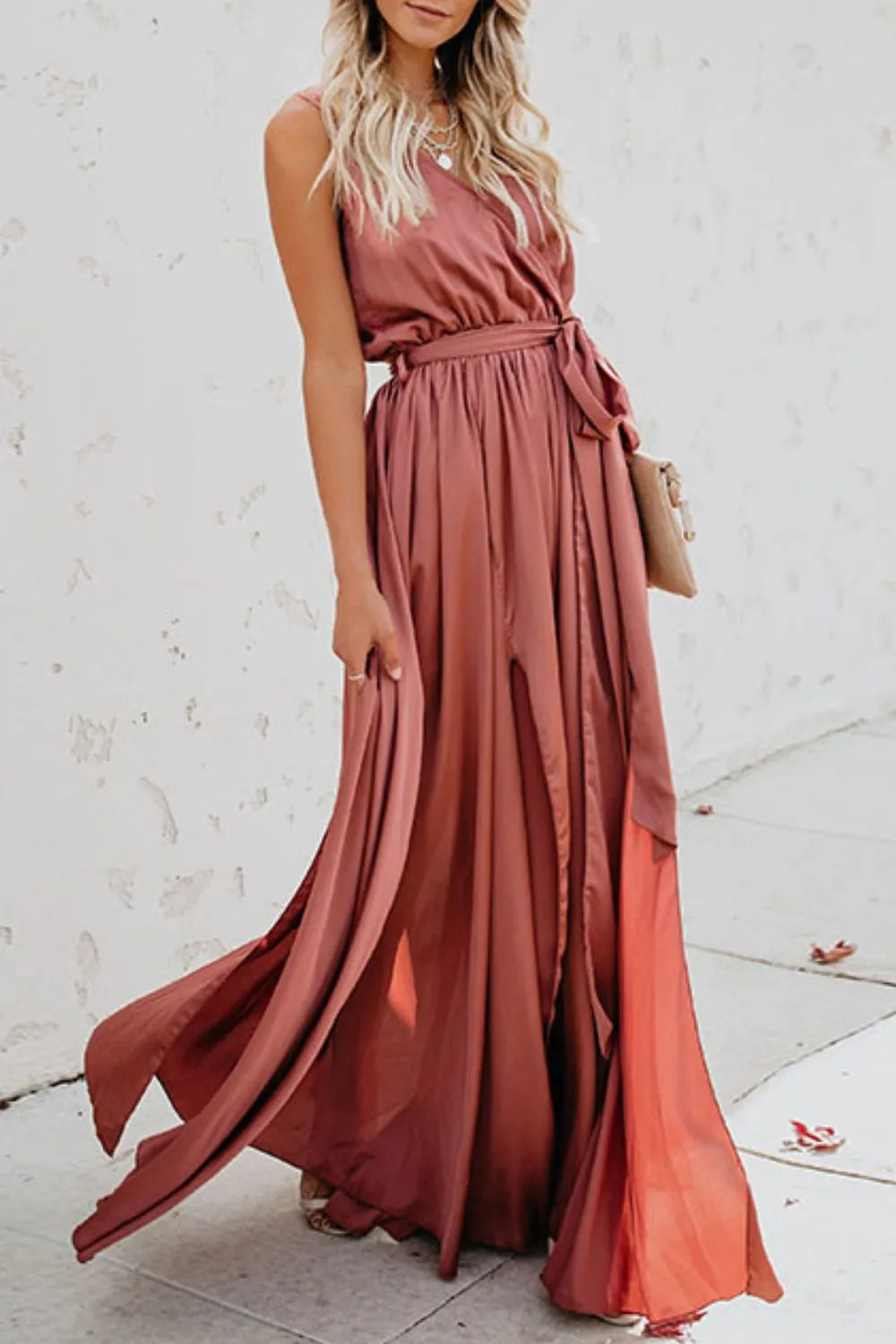 Surplice tie waist maxi dress close up view