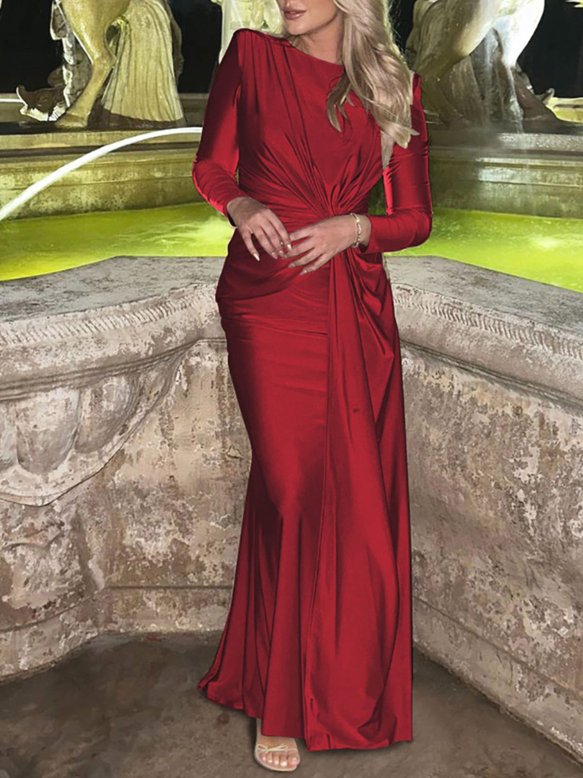 Ruched knot front long sleeve maxi dress shoulder detail