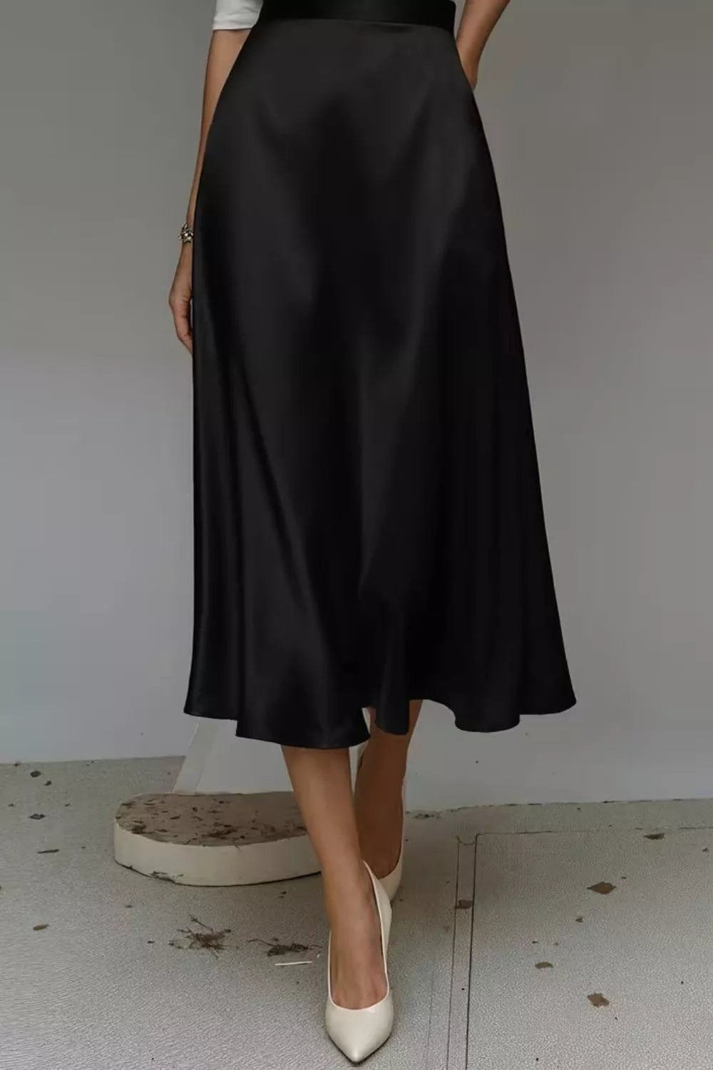 Satin A line midi skirt front view