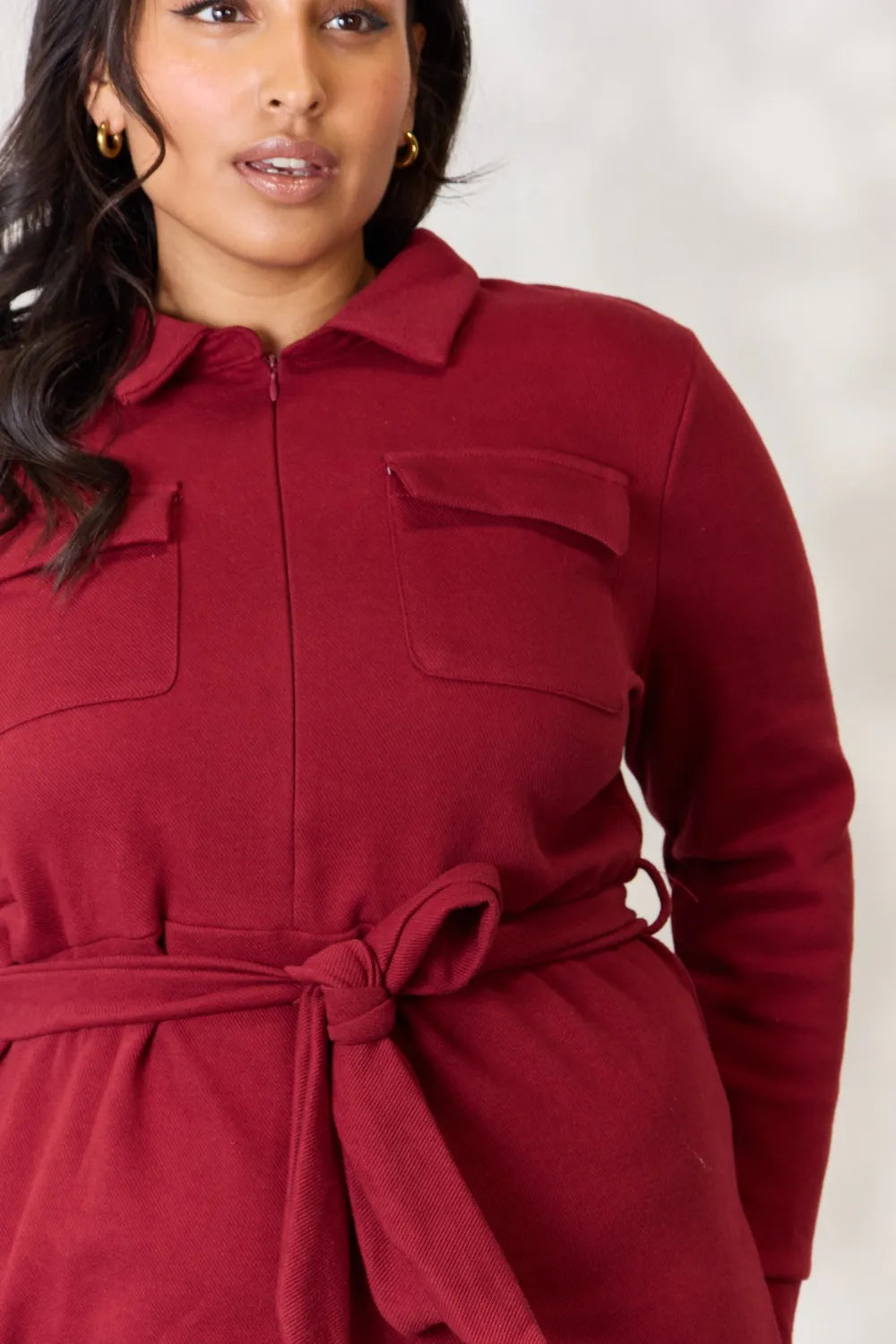Tie Front Half Zip Long Sleeve Shirt Dress on model