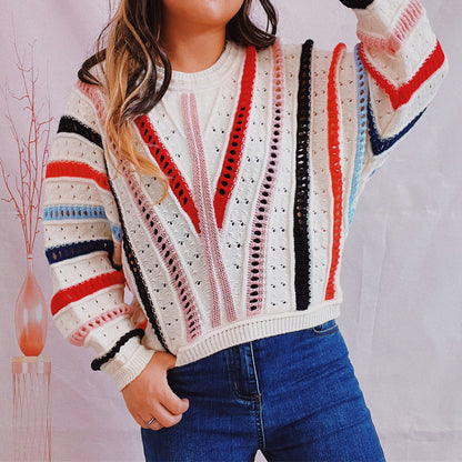Striped Openwork Round Neck Sweater - Fashorio
