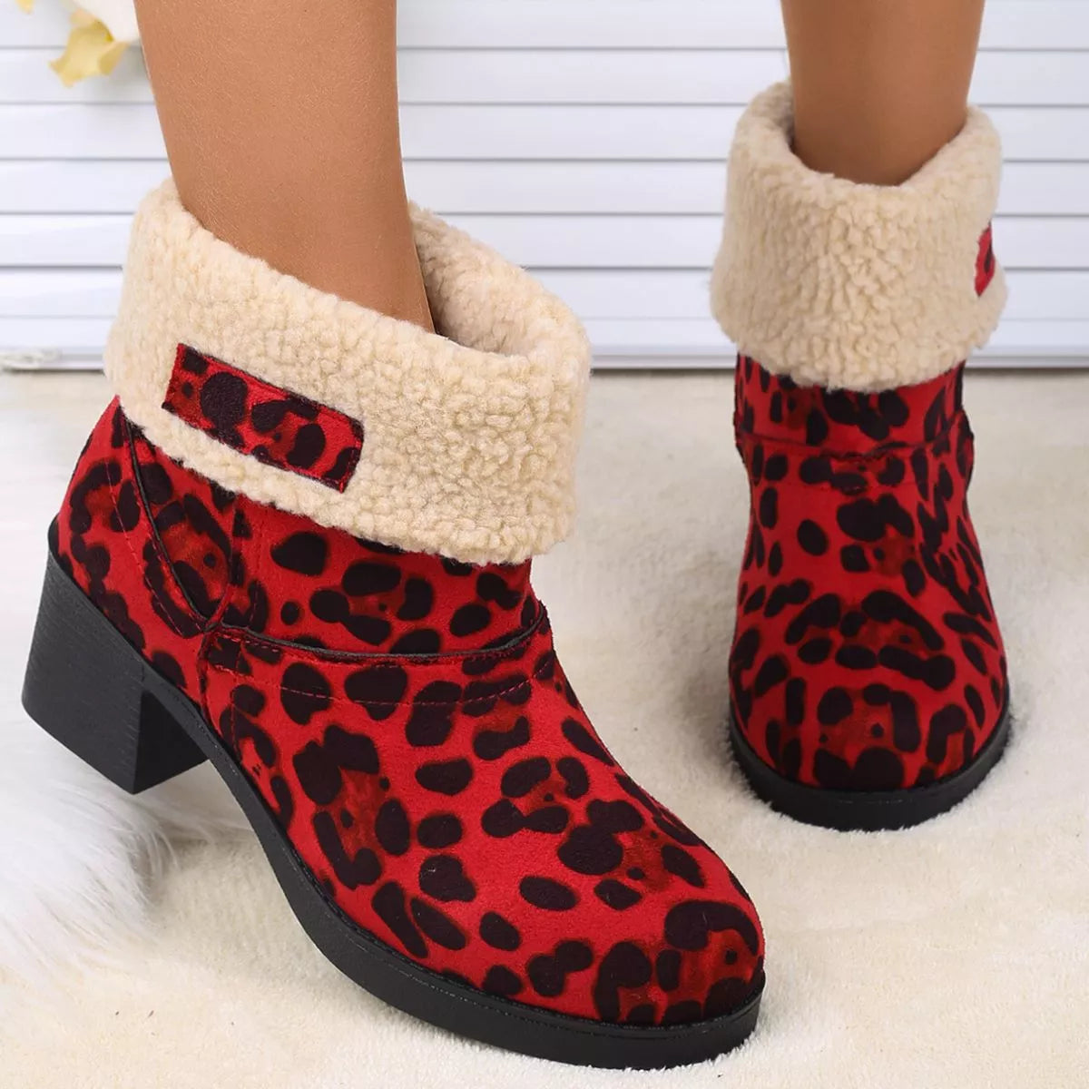 Plush Cuff Block Heel Boots close up of the upper
