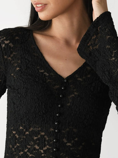 Lace V-Neck Flare Sleeve T-Shirt - Fashorio