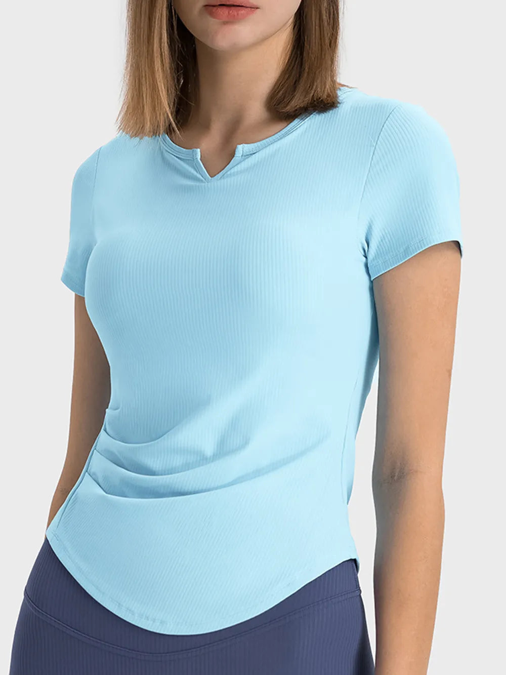 Notched neck short sleeve active t-shirt front view