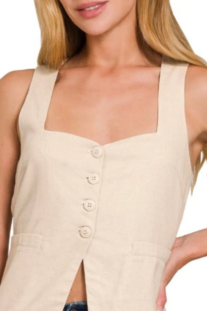 Zenana Linen Tie-back 4-button Vest with Lining - Fashorio