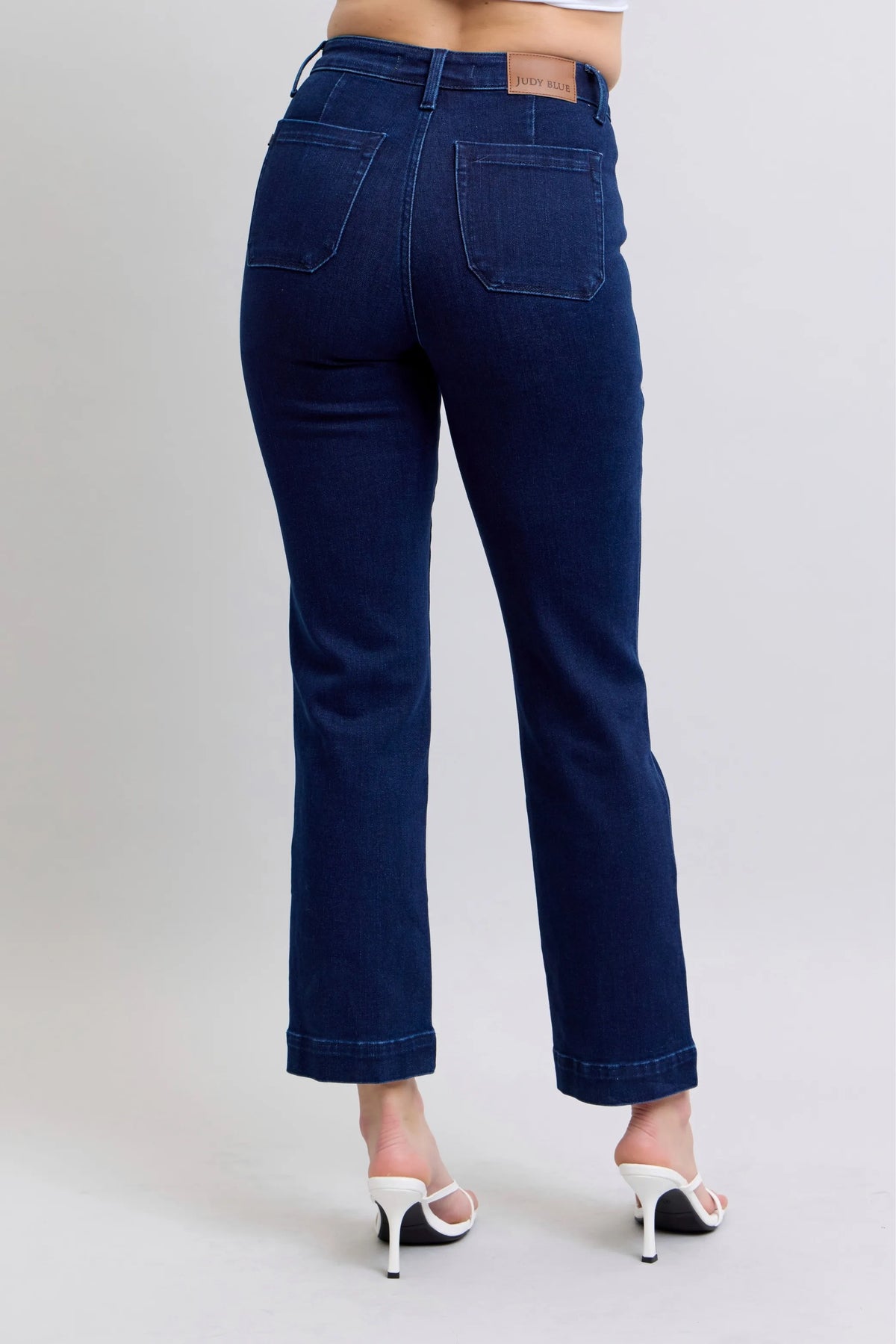 Judy Blue deep indigo jeans contrast stitching detail