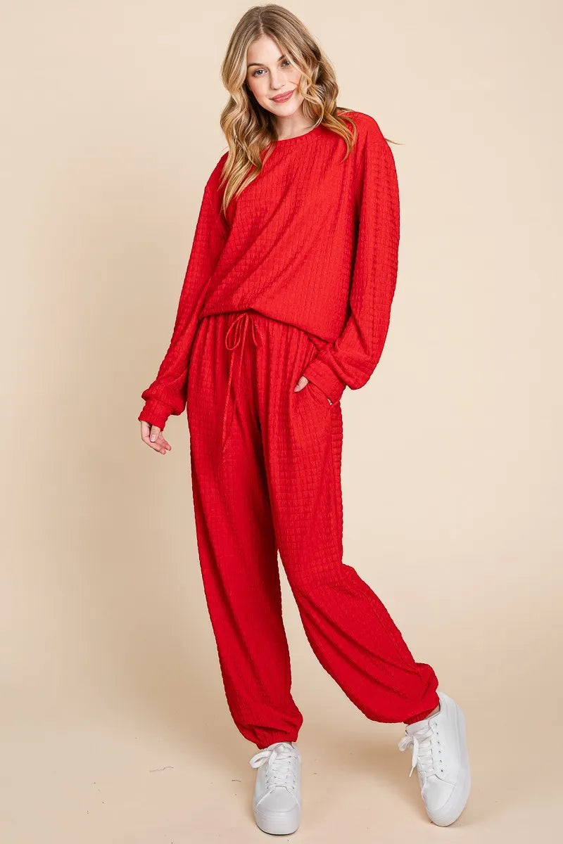 Super Lady Full Size Crinkle Check Round Neck Top and Pants Lounge Set - Fashorio