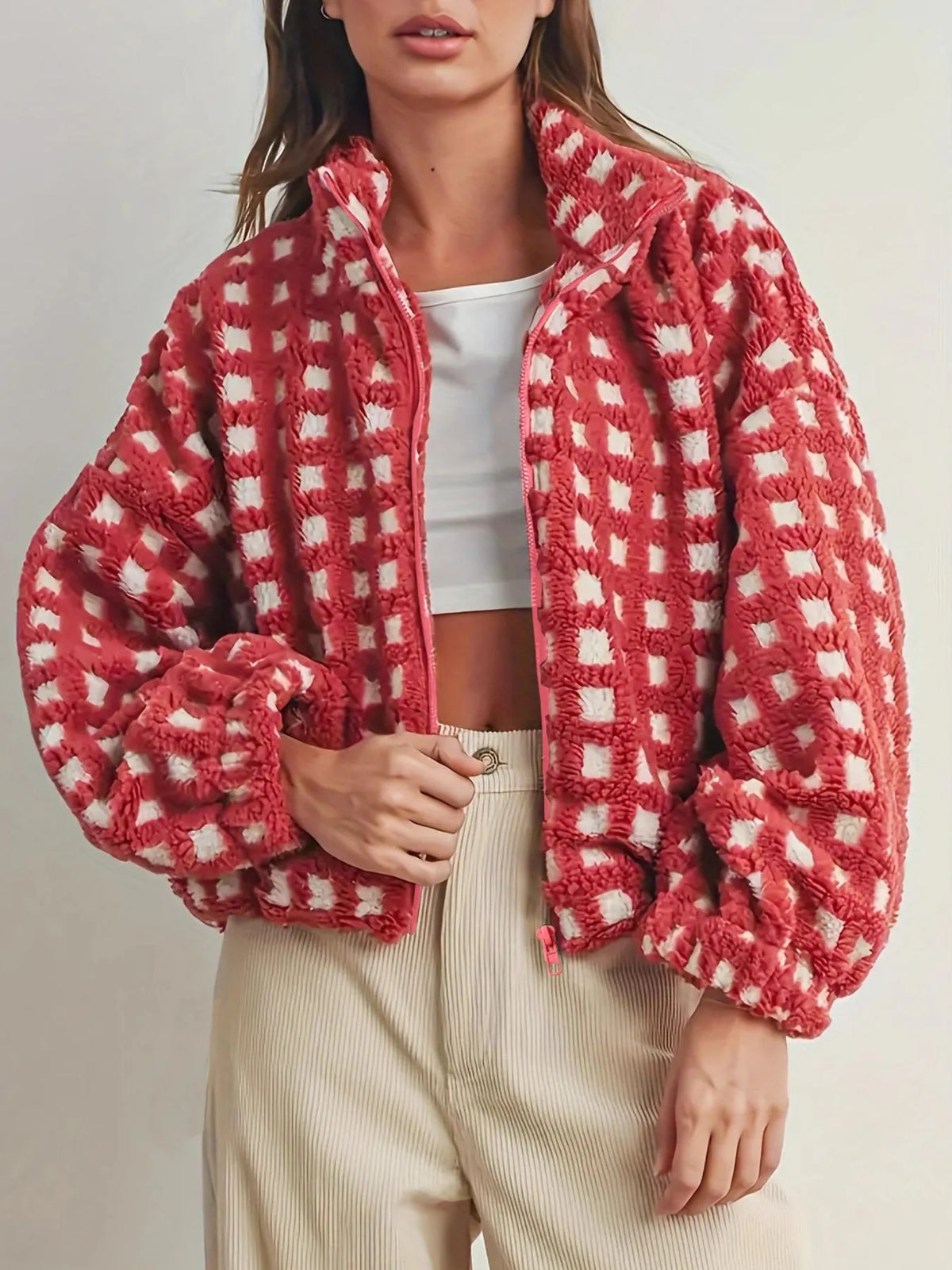 Checkered Fleece Puff Sleeve Bomber Jacket in Red back view