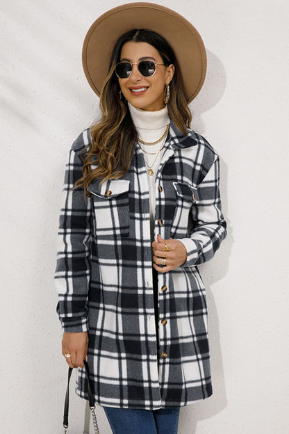 Shiny Plaid Collared Longline Coat - Fashorio