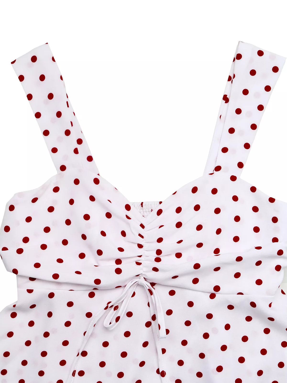 White polka dot ruched cami top full length view