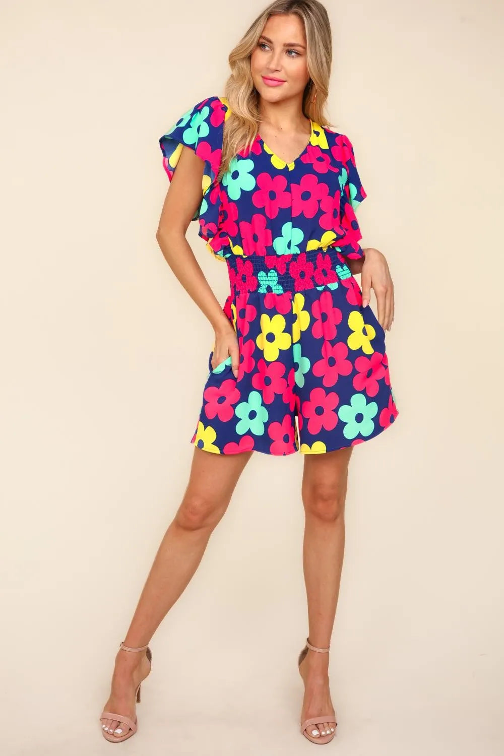 Floral Smocked Waist Romper with Side Pockets side view