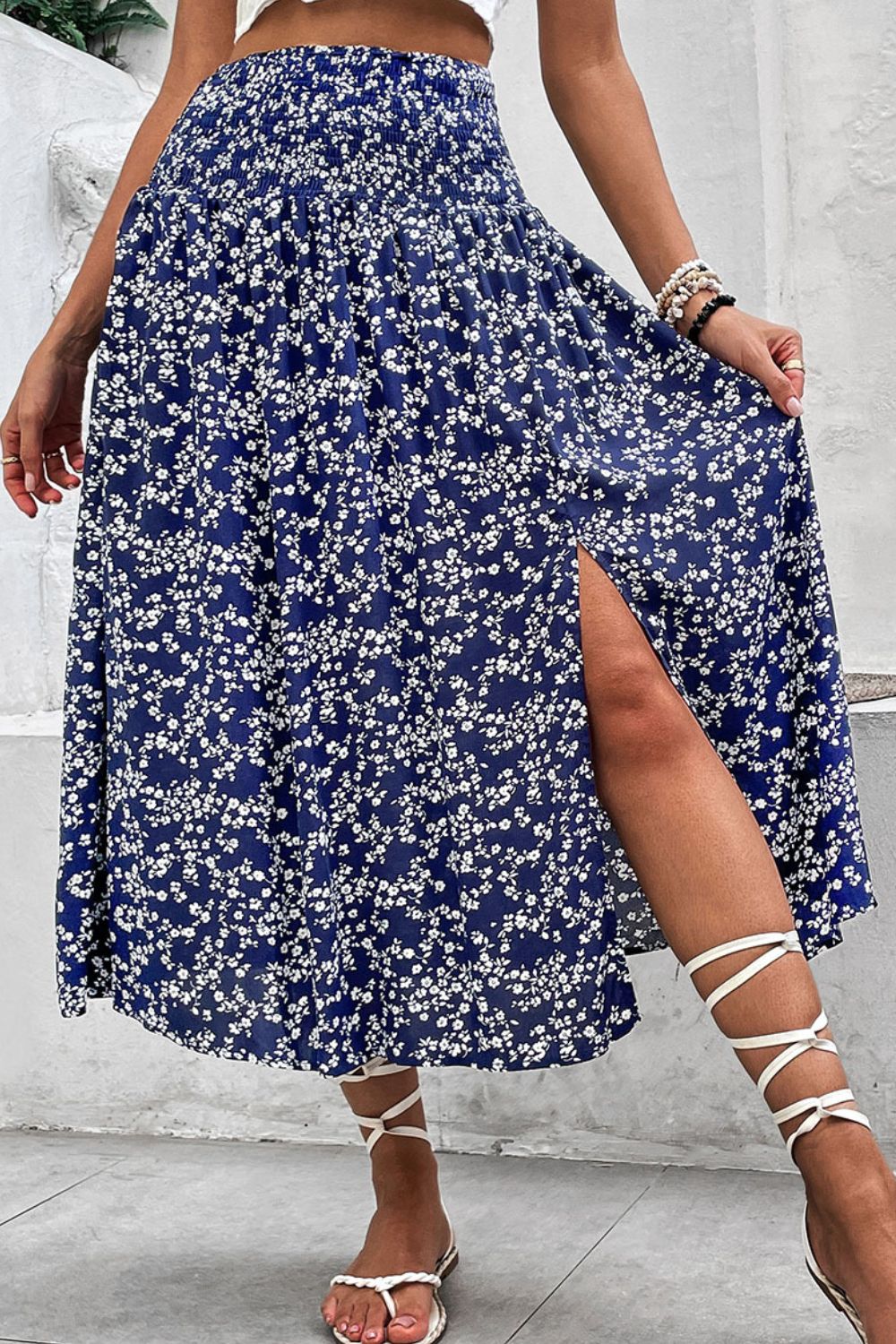 Ditsy floral slit high waist midi skirt front view