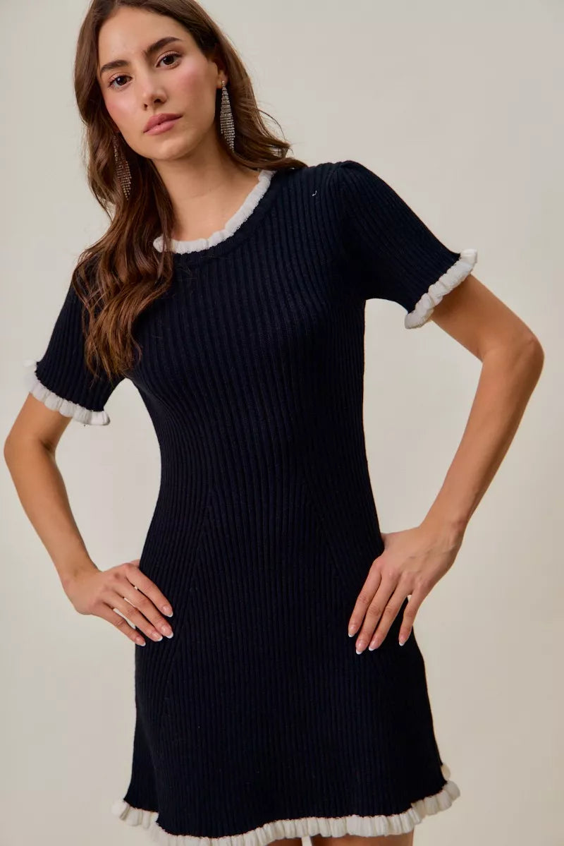 Ruffled Contrast Sweater Knit Mini Dress in Black and White detail