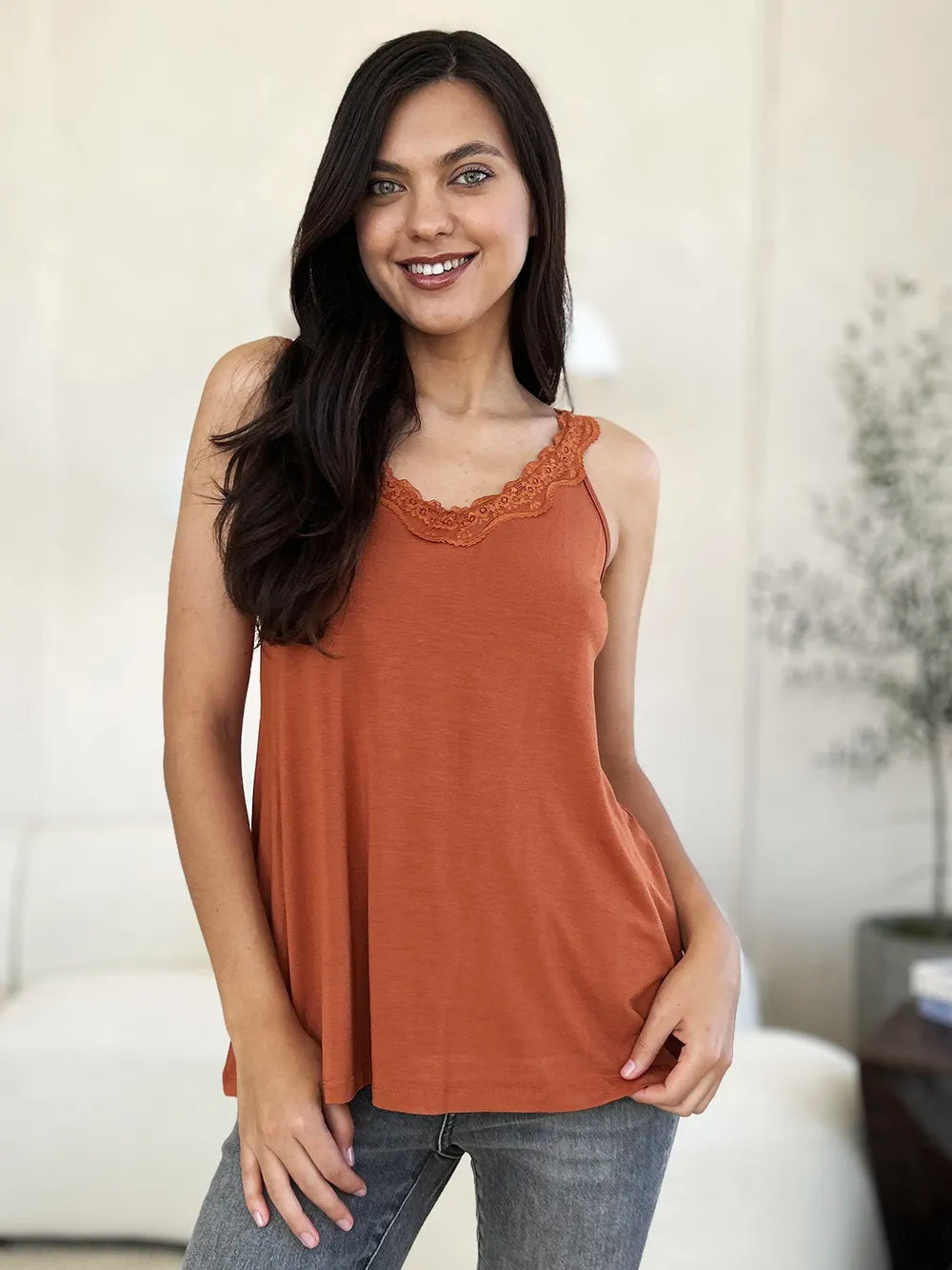 Basic Bae lace detail V neck cutout cami front view on model