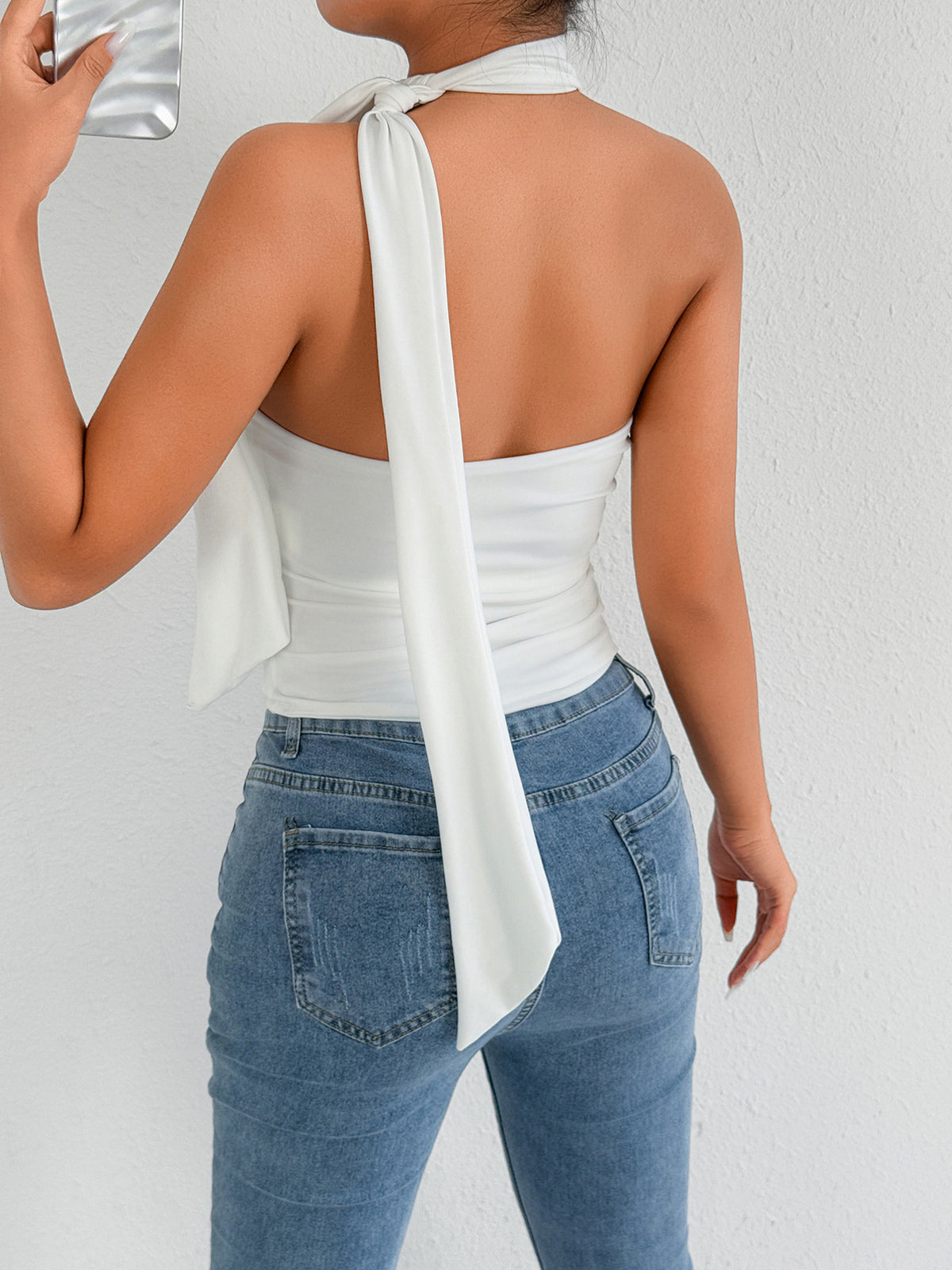 Cropped ruched top three quarter view