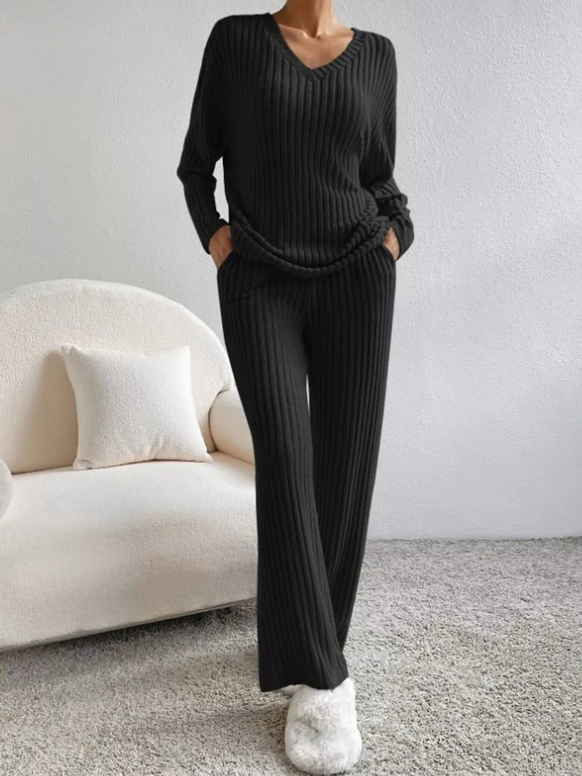 Ribbed Knit V Neck Top and Pants Set, view 8
